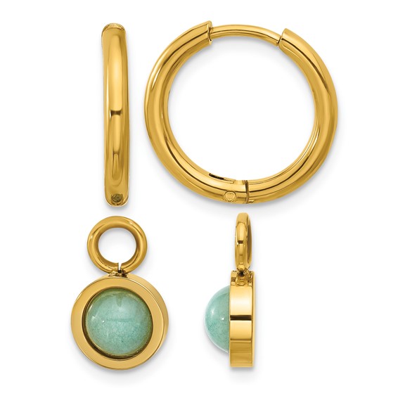 Chisel Stainless Steel Polished Yellow IP-plated with Removeable Green Jade Dangle Hinged Hoop Earrings