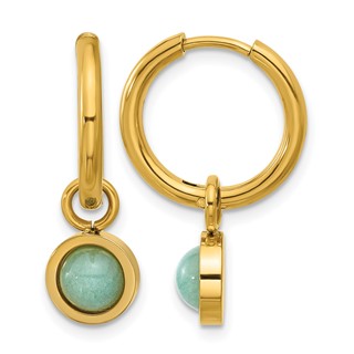 Chisel Stainless Steel Polished Yellow IP-plated with Removeable Green Jade Dangle Hinged Hoop Earrings