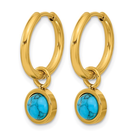 Chisel Stainless Steel Polished Yellow IP-plated with Removeable Synthetic Turquoise Dangle Hinged Hoop Earrings