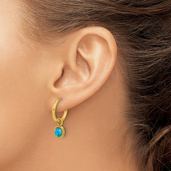 Chisel Stainless Steel Polished Yellow IP-plated with Removeable Synthetic Turquoise Dangle Hinged Hoop Earrings