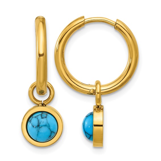 Chisel Stainless Steel Polished Yellow IP-plated with Removeable Synthetic Turquoise Dangle Hinged Hoop Earrings