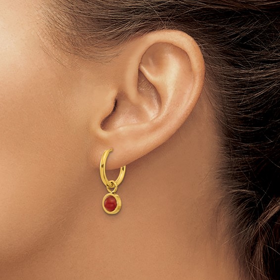 Chisel Stainless Steel Polished Yellow IP-plated with Removeable Red Jade Dangle Hinged Hoop Earrings
