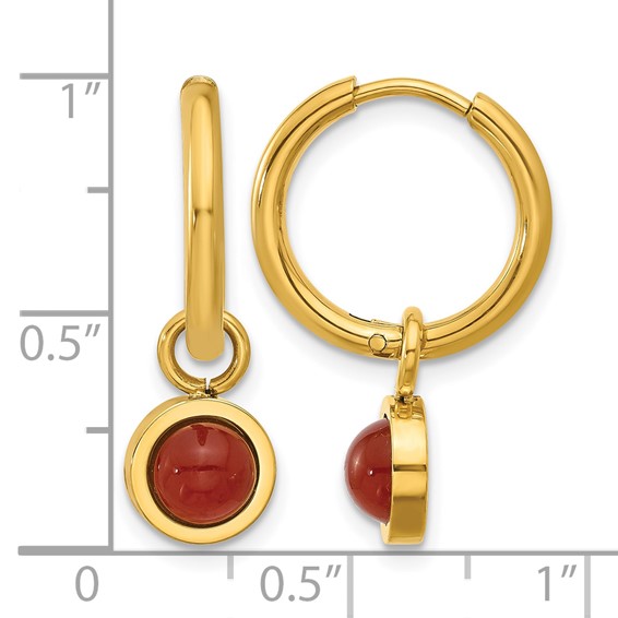 Chisel Stainless Steel Polished Yellow IP-plated with Removeable Red Jade Dangle Hinged Hoop Earrings