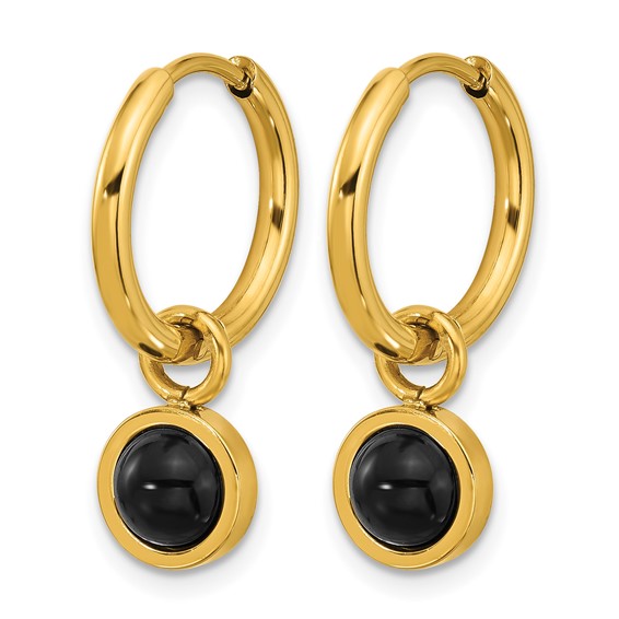Chisel Stainless Steel Polished Yellow IP-plated with Removeable Black Agate Dangle Hinged Hoop Earrings