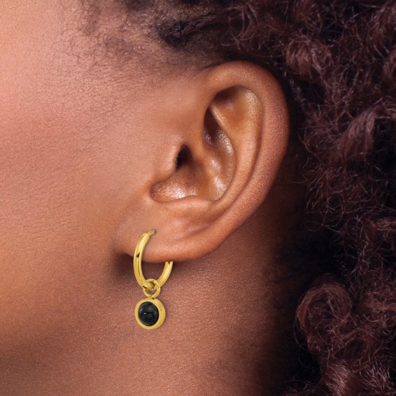 Chisel Stainless Steel Polished Yellow IP-plated with Removeable Black Agate Dangle Hinged Hoop Earrings