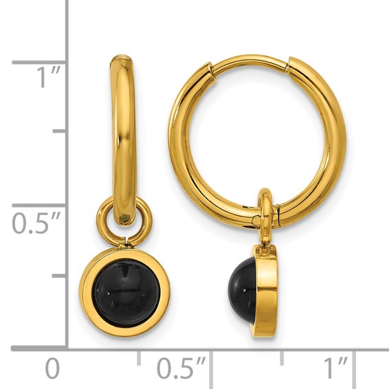 Chisel Stainless Steel Polished Yellow IP-plated with Removeable Black Agate Dangle Hinged Hoop Earrings