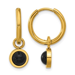 Chisel Stainless Steel Polished Yellow IP-plated with Removeable Black Agate Dangle Hinged Hoop Earrings