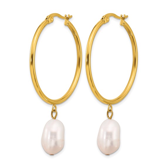 Chisel Stainless Steel Polished Yellow IP-plated White Baroque Freshwater Cultured Pearl Dangle Hoop Earrings