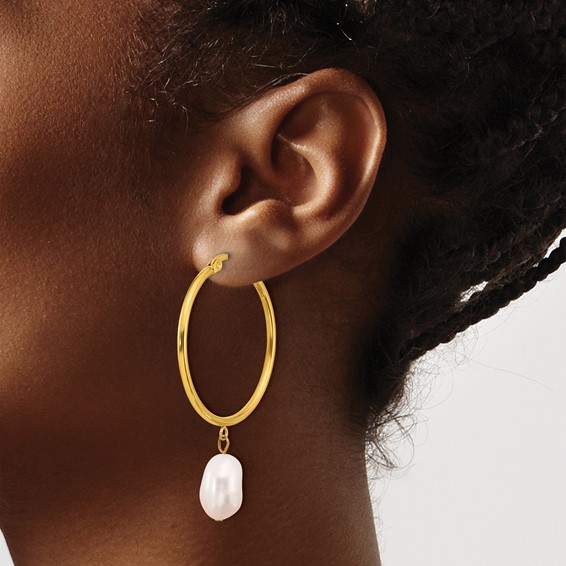 Chisel Stainless Steel Polished Yellow IP-plated White Baroque Freshwater Cultured Pearl Dangle Hoop Earrings