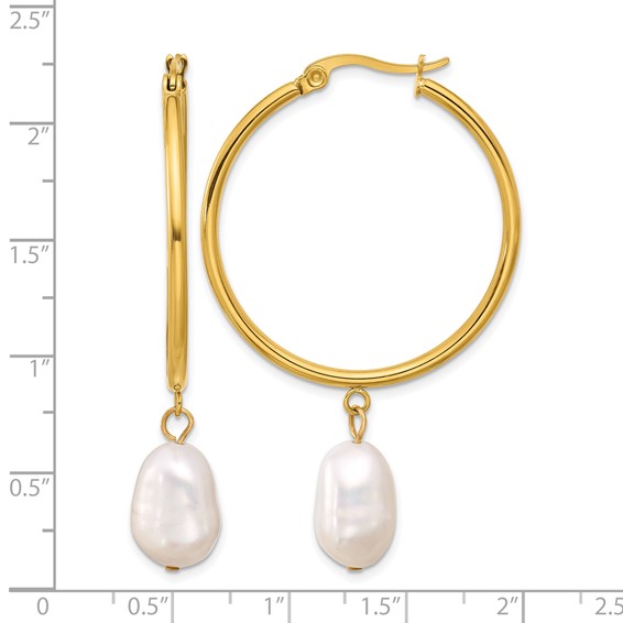 Chisel Stainless Steel Polished Yellow IP-plated White Baroque Freshwater Cultured Pearl Dangle Hoop Earrings