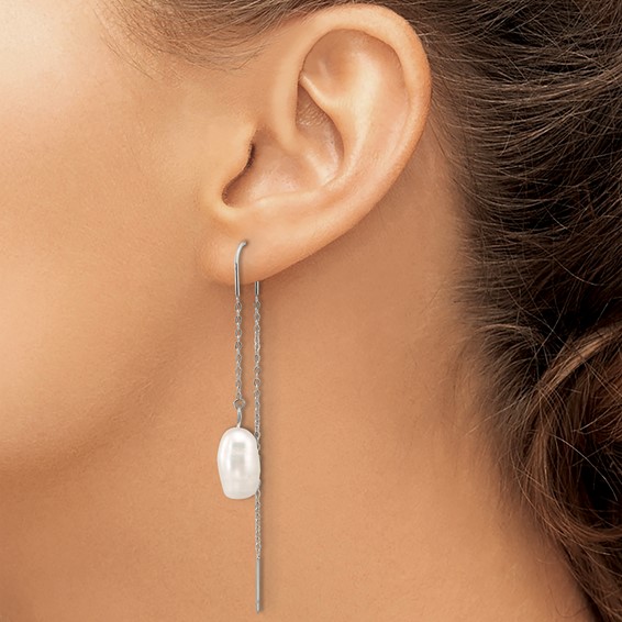 Chisel Stainless Steel Polished White Baroque Freshwater Cultured Pearl Dangle Threader Earrings