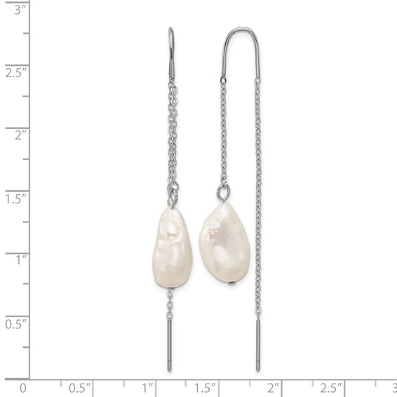 Chisel Stainless Steel Polished White Baroque Freshwater Cultured Pearl Dangle Threader Earrings