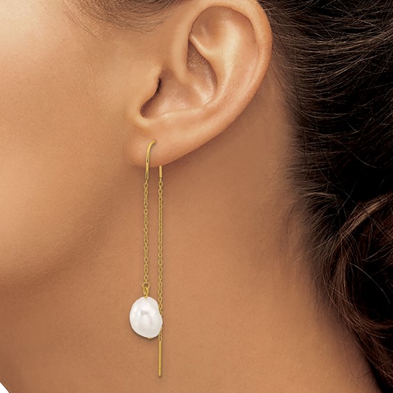 Chisel Stainless Steel Polished Yellow IP-plated White Freshwater Cultured Pearl Dangle Threader Earrings