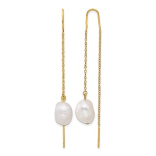 Chisel Stainless Steel Polished Yellow IP-plated White Freshwater Cultured Pearl Dangle Threader Earrings
