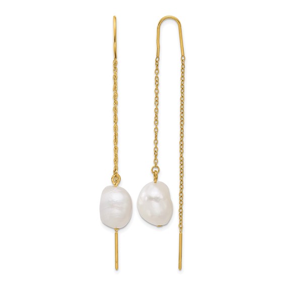 Chisel Stainless Steel Polished Yellow IP-plated White Freshwater Cultured Pearl Dangle Threader Earrings