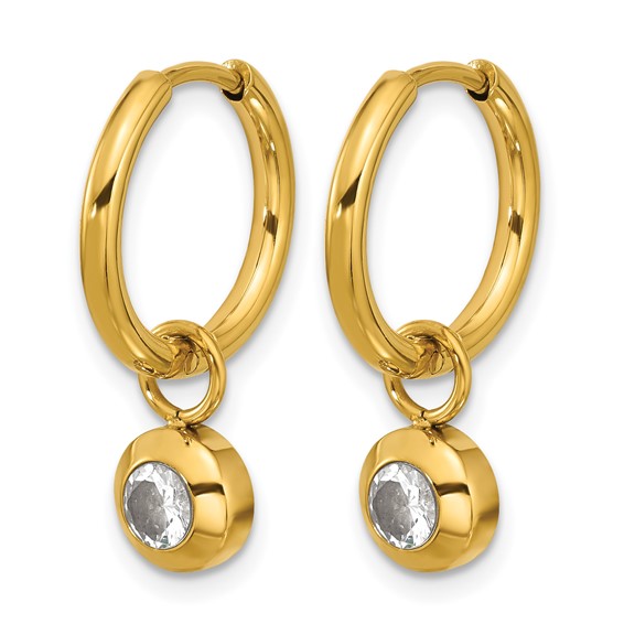 Chisel Stainless Steel Polished Yellow IP-plated with Removeable CZ Dangle Hinged Hoop Earrings