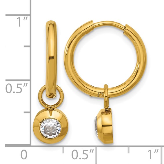 Chisel Stainless Steel Polished Yellow IP-plated with Removeable CZ Dangle Hinged Hoop Earrings
