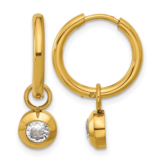 Chisel Stainless Steel Polished Yellow IP-plated with Removeable CZ Dangle Hinged Hoop Earrings