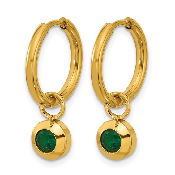 Chisel Stainless Steel Polished Yellow IP-plated with Removeable Green CZ Dangle Hinged Hoop Earrings