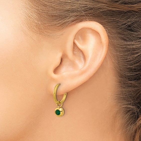 Chisel Stainless Steel Polished Yellow IP-plated with Removeable Green CZ Dangle Hinged Hoop Earrings