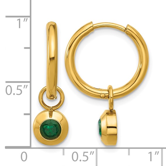 Chisel Stainless Steel Polished Yellow IP-plated with Removeable Green CZ Dangle Hinged Hoop Earrings