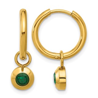 Chisel Stainless Steel Polished Yellow IP-plated with Removeable Green CZ Dangle Hinged Hoop Earrings