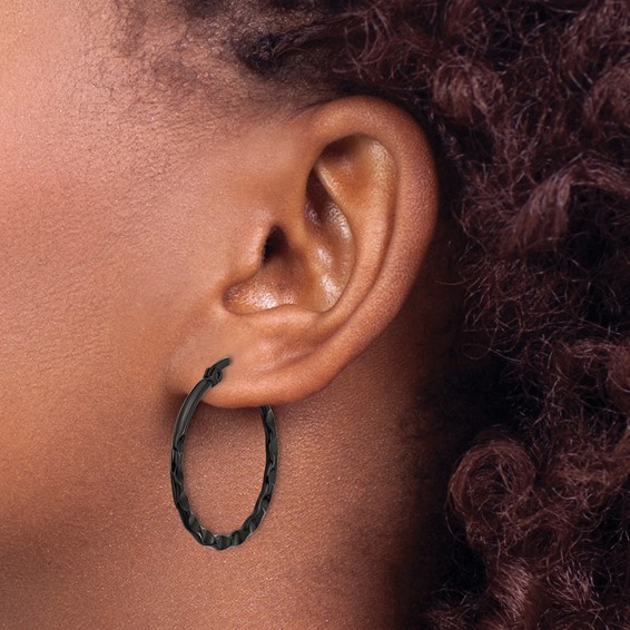 Chisel Stainless Steel Polished Black IP-plated Wavy Hoop Earrings