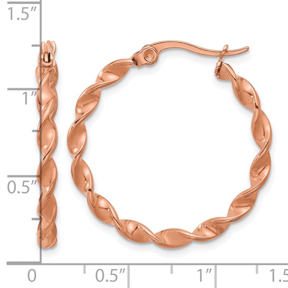 Chisel Stainless Steel Polished Rose IP-plated Twisted Hoop Earrings