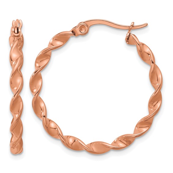 Chisel Stainless Steel Polished Rose IP-plated Twisted Hoop Earrings