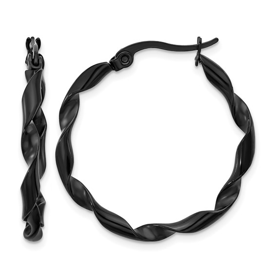 Chisel Stainless Steel Polished Black IP-plated Twisted Hoop Earrings