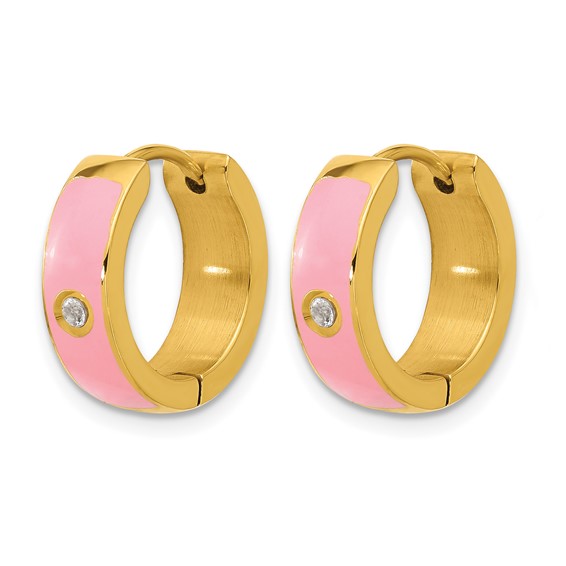 Chisel Stainless Steel Polished Yellow IP-plated with Pink Enamel and CZ 5mm Hinged Hoop Earrings