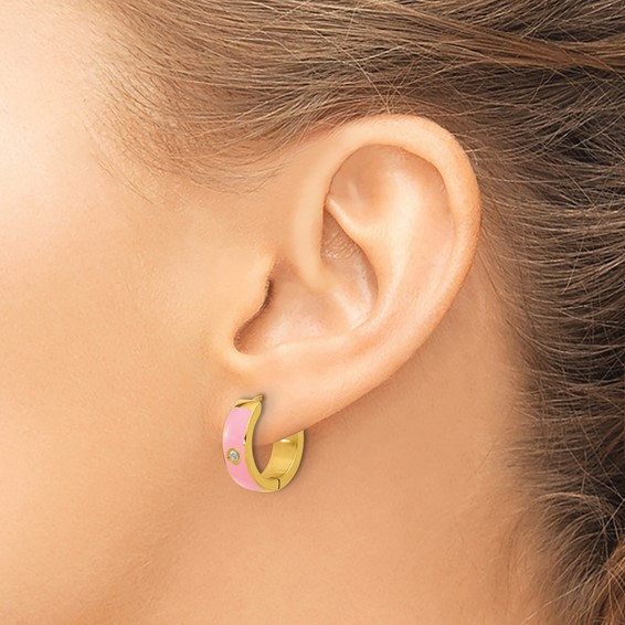 Chisel Stainless Steel Polished Yellow IP-plated with Pink Enamel and CZ 5mm Hinged Hoop Earrings