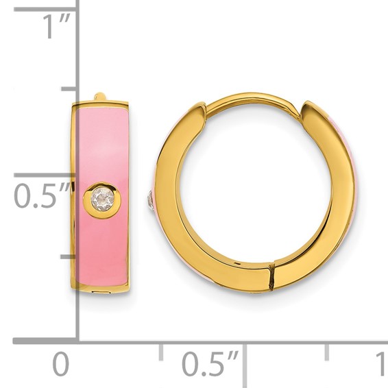 Chisel Stainless Steel Polished Yellow IP-plated with Pink Enamel and CZ 5mm Hinged Hoop Earrings