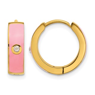Chisel Stainless Steel Polished Yellow IP-plated with Pink Enamel and CZ 5mm Hinged Hoop Earrings