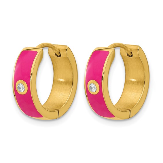 Chisel Stainless Steel Polished Yellow IP-plated with Dark Pink Enamel and CZ 5mm Hinged Hoop Earrings
