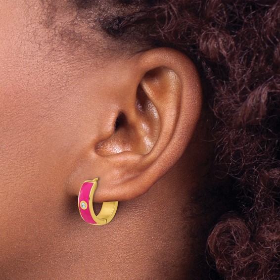 Chisel Stainless Steel Polished Yellow IP-plated with Dark Pink Enamel and CZ 5mm Hinged Hoop Earrings