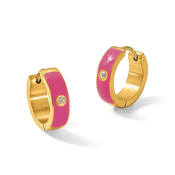 Chisel Stainless Steel Polished Yellow IP-plated with Dark Pink Enamel and CZ 5mm Hinged Hoop Earrings
