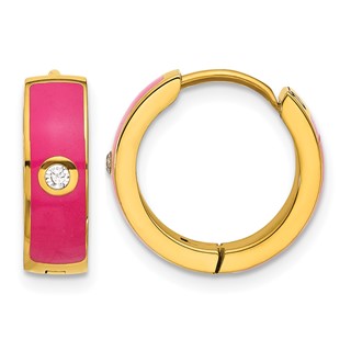 Chisel Stainless Steel Polished Yellow IP-plated with Dark Pink Enamel and CZ 5mm Hinged Hoop Earrings