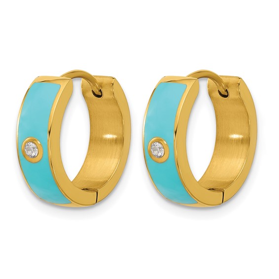 Chisel Stainless Steel Polished Yellow IP-plated with Blue Enamel and CZ 5mm Hinged Hoop Earrings