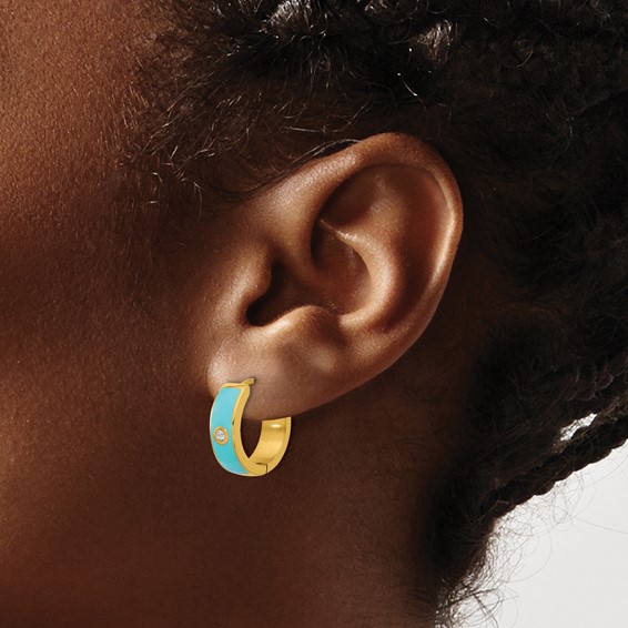 Chisel Stainless Steel Polished Yellow IP-plated with Blue Enamel and CZ 5mm Hinged Hoop Earrings