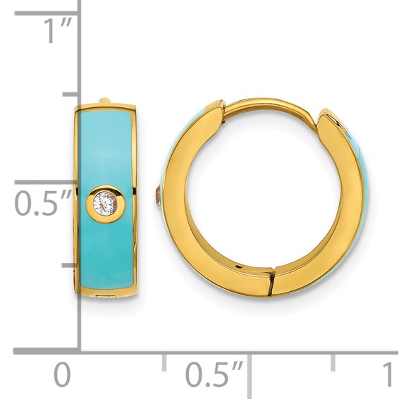 Chisel Stainless Steel Polished Yellow IP-plated with Blue Enamel and CZ 5mm Hinged Hoop Earrings