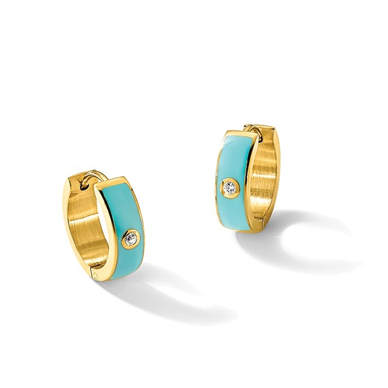 Chisel Stainless Steel Polished Yellow IP-plated with Blue Enamel and CZ 5mm Hinged Hoop Earrings
