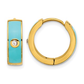 Chisel Stainless Steel Polished Yellow IP-plated with Blue Enamel and CZ 5mm Hinged Hoop Earrings