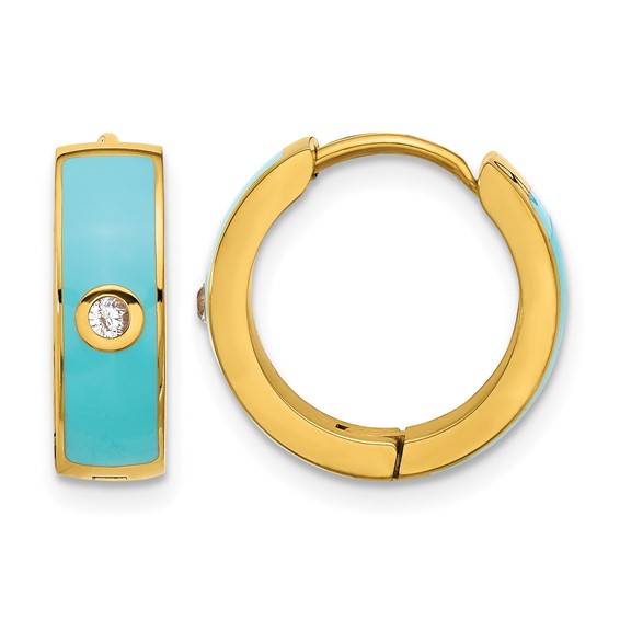 Chisel Stainless Steel Polished Yellow IP-plated with Blue Enamel and CZ 5mm Hinged Hoop Earrings