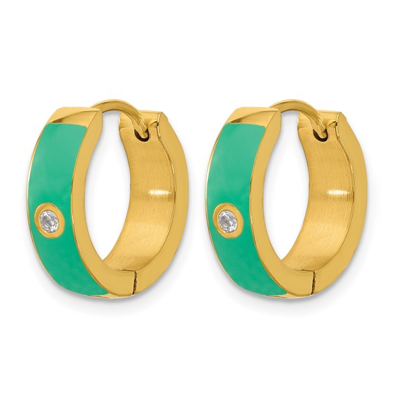 Chisel Stainless Steel Polished Yellow IP-plated with Green Enamel and CZ 5mm Hinged Hoop Earrings