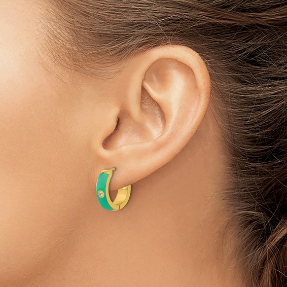 Chisel Stainless Steel Polished Yellow IP-plated with Green Enamel and CZ 5mm Hinged Hoop Earrings