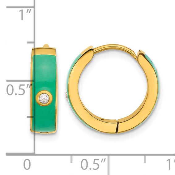 Chisel Stainless Steel Polished Yellow IP-plated with Green Enamel and CZ 5mm Hinged Hoop Earrings