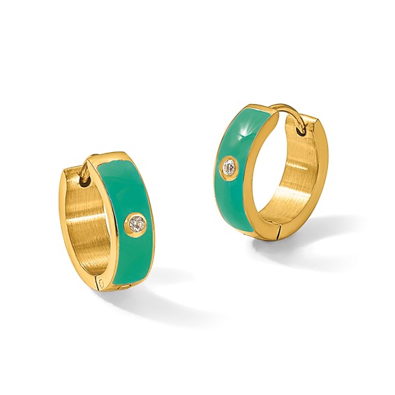 Chisel Stainless Steel Polished Yellow IP-plated with Green Enamel and CZ 5mm Hinged Hoop Earrings
