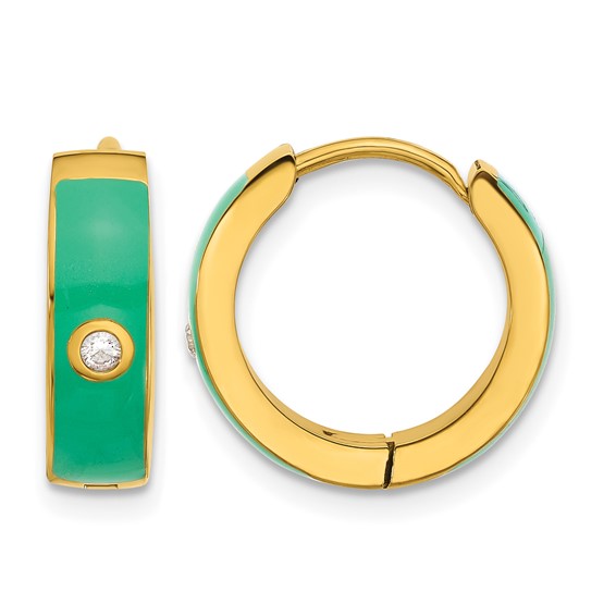 Chisel Stainless Steel Polished Yellow IP-plated with Green Enamel and CZ 5mm Hinged Hoop Earrings