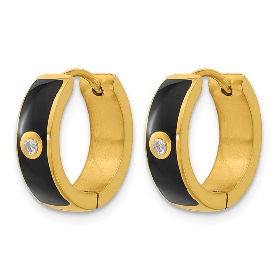Chisel Stainless Steel Polished Yellow IP-plated with Black Enamel and CZ 5mm Hinged Hoop Earrings